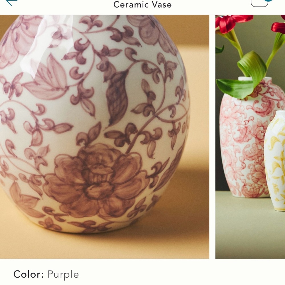 Anthropologie NIB Elle Handpainted Chinoiserie Purple Floral Ceramic Vase. - Picture 2 of 9